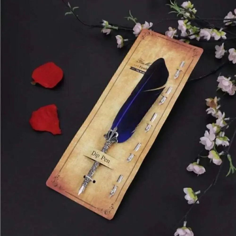 Natural Vintage Style Blue Feather Calligraphy Pen Wedding Christmas Gift New